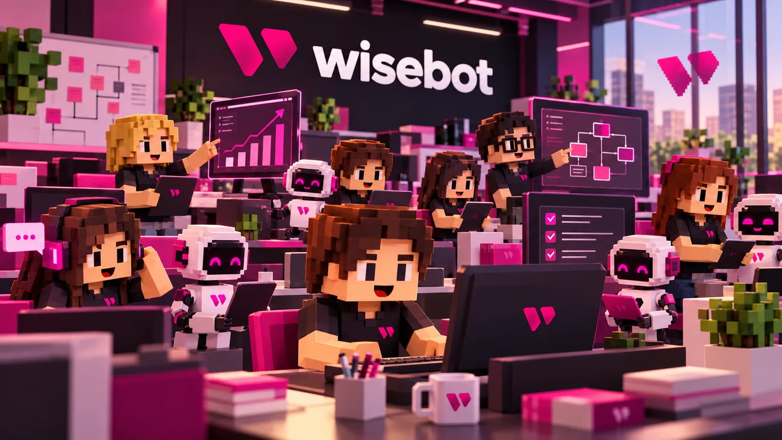 Escritório da Wisebot em estilo de blocos, com pessoas da equipa a trabalhar lado a lado com robôs de IA que mostram gráficos, fluxos de trabalho e listas de tarefas