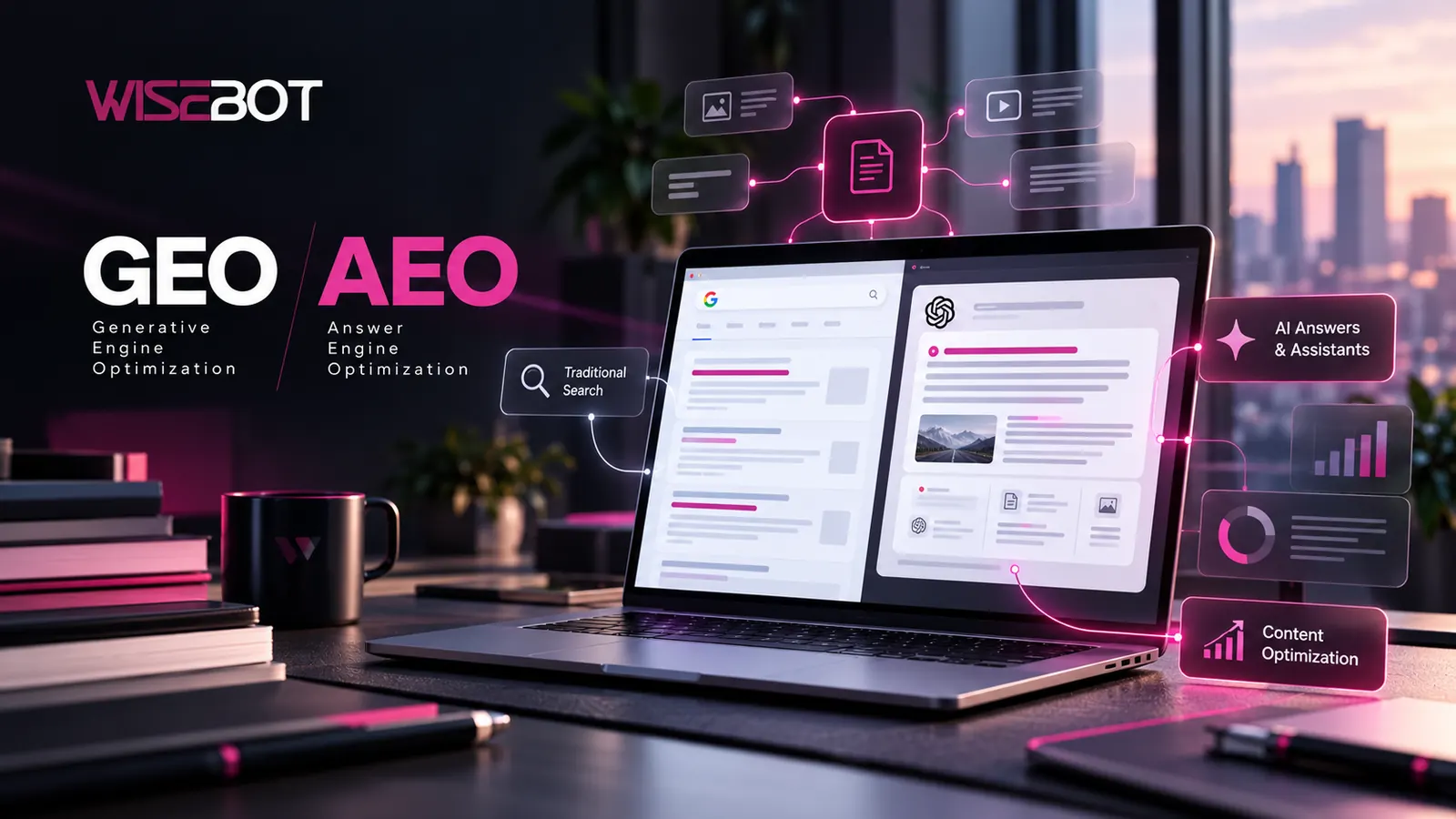 Ilustração Wisebot sobre GEO (Generative Engine Optimization) e AEO (Answer Engine Optimization): pesquisa tradicional ao lado de uma resposta de assistente de IA