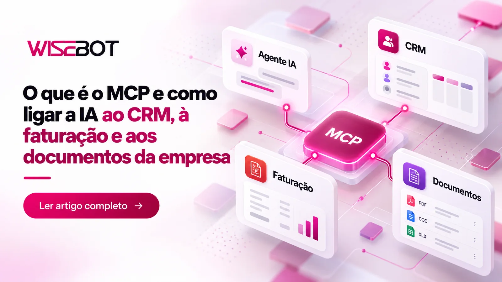 Capa Wisebot: o que é o MCP e como ligar a IA ao CRM, à faturação e aos documentos da empresa, com o MCP ao centro ligado a um agente de IA, ao CRM, à faturação e aos documentos