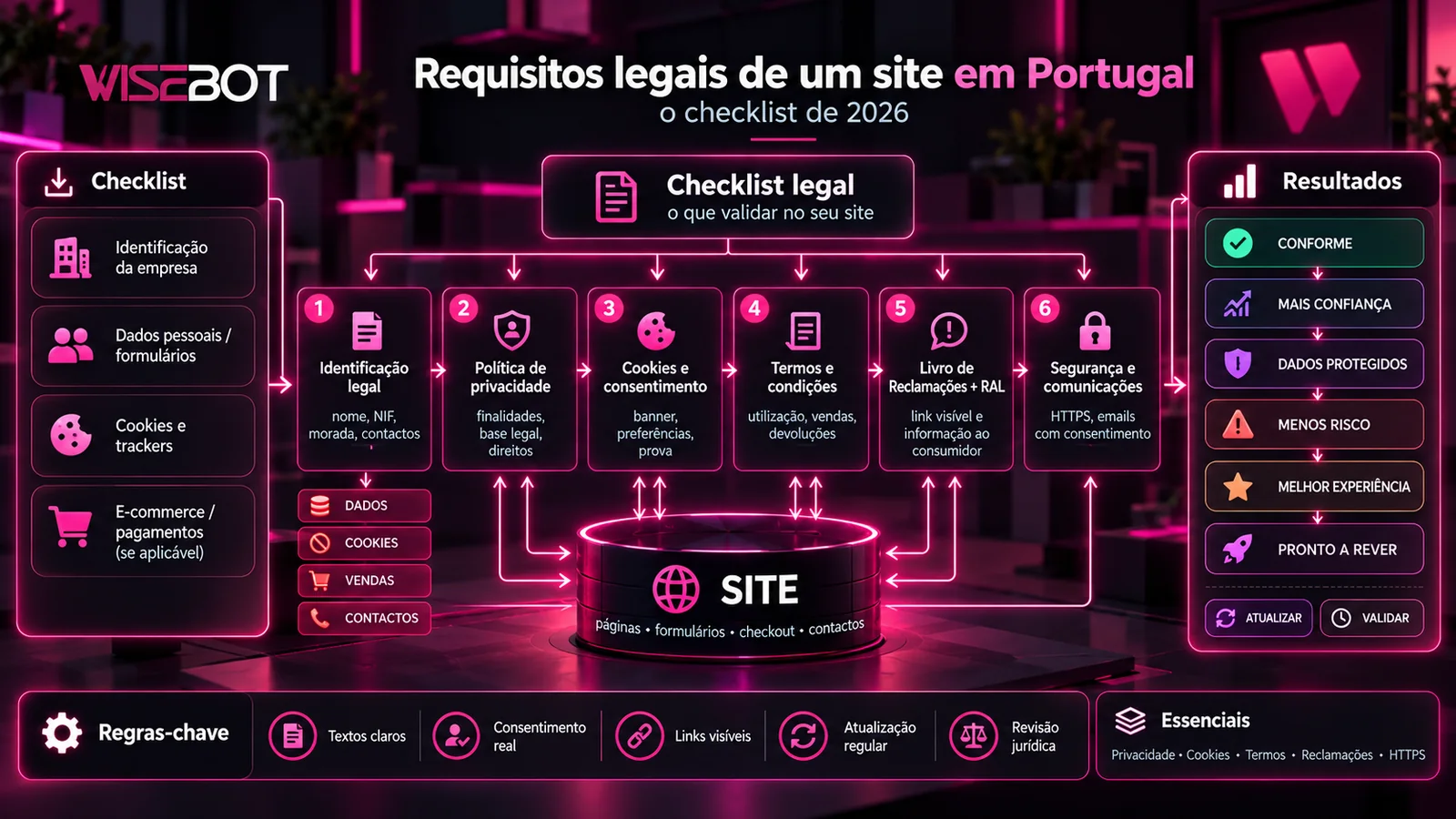 Infografia Wisebot dos requisitos legais de um site em Portugal: checklist de identificação legal, política de privacidade, cookies e consentimento, termos e condições, livro de reclamações e RAL, segurança e comunicações