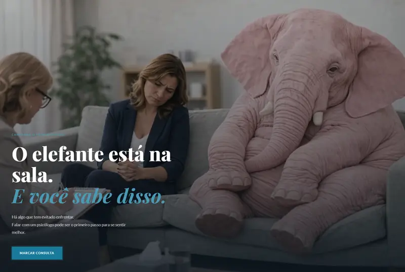 Landing page da campanha O Primeiro Passo, com um elefante cor-de-rosa numa sessão de terapia