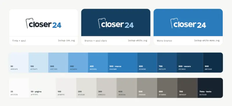 Guia de identidade visual da closer24: logótipos, paleta azul e neutros, estados